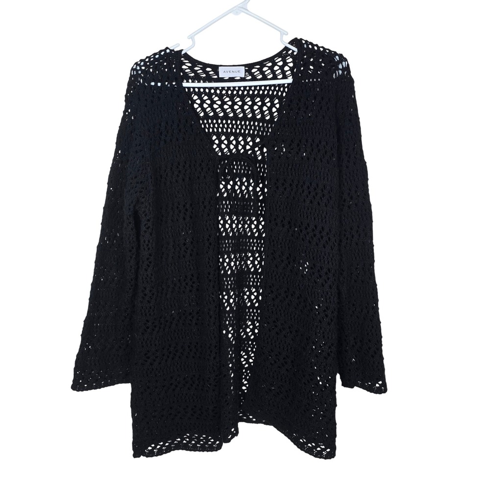 Avenue Vintage Open Crochet Knit Cardigan Sweater Black Size 14/16 Made‎ in USA